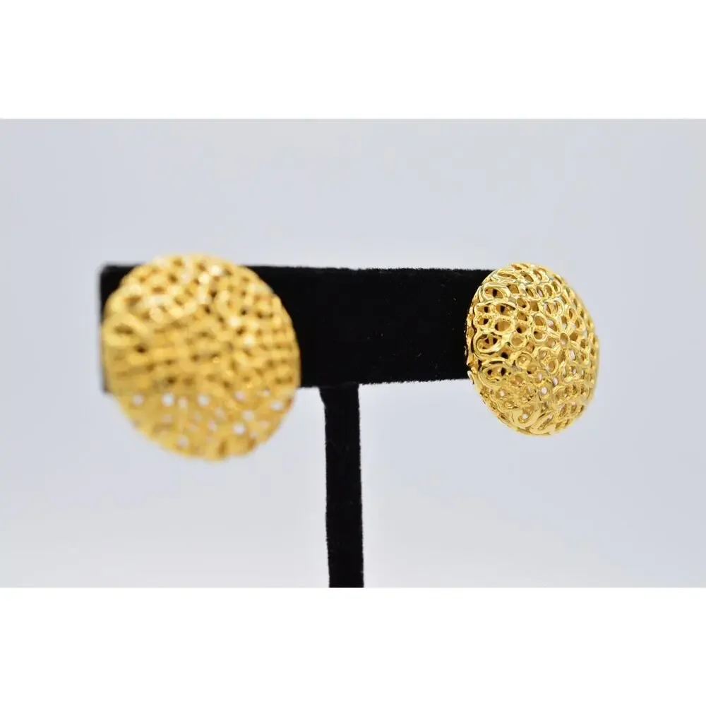Vintage Stud Earrings Metallic Gold Round Puffy Filigree Chunky NOS 1980s 9L